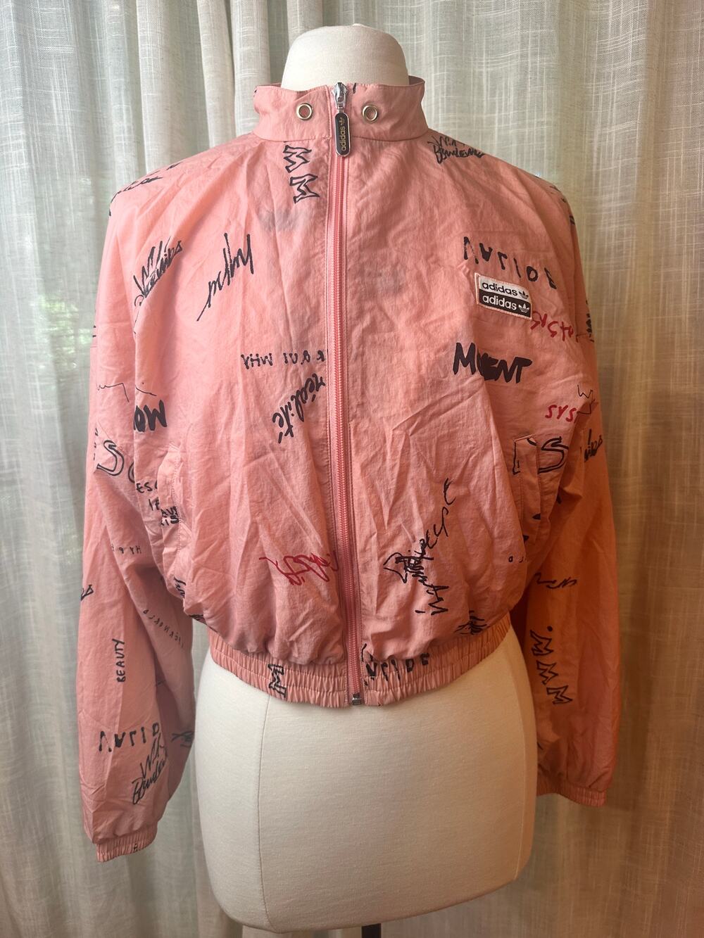 Adidas Originals Women's Pink Graffiti Print Cropped Windbreaker Jacket